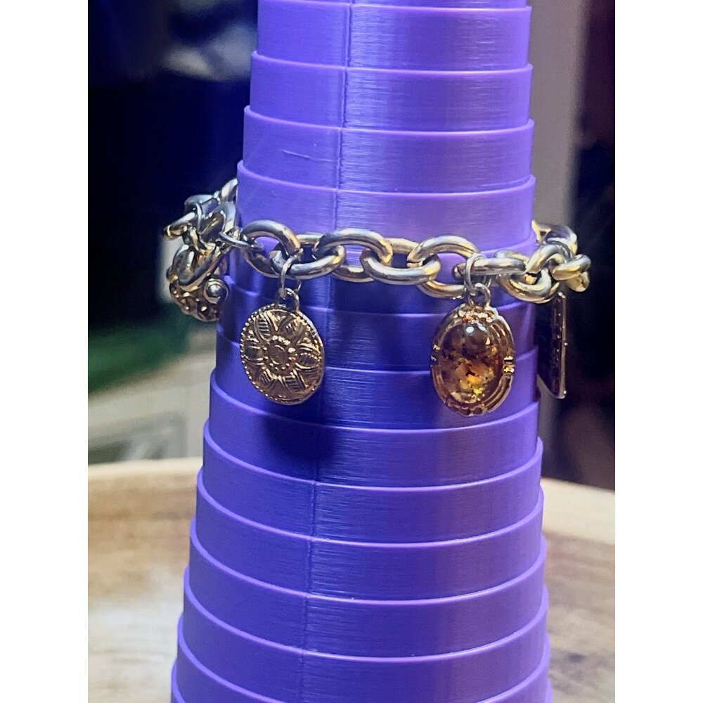 Vintage Vanderbilt Gold-Tone Charm Bracelet W/ Amber & Intricate Charms - Picture 5 of 11